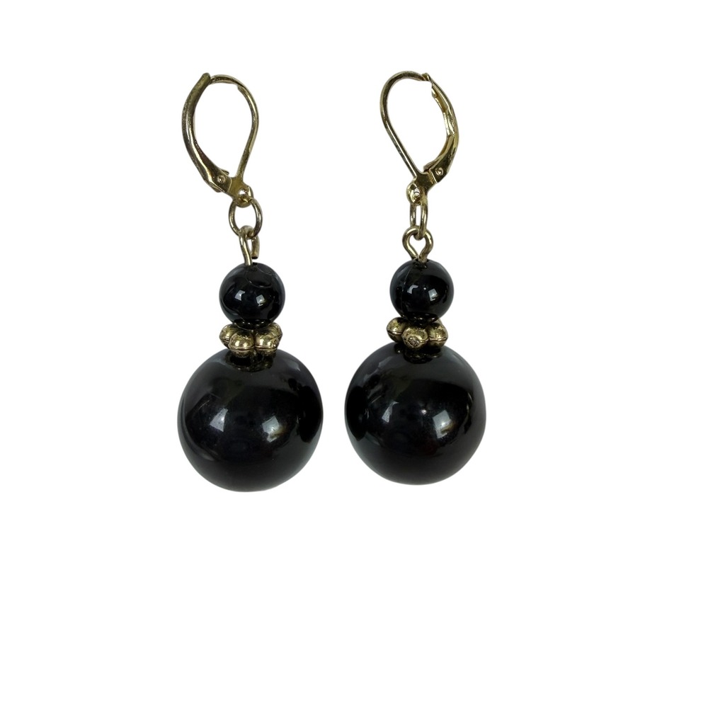 Black Double Bead Drop Earrings Gold Tone Leverback Polished Ball Dangle
